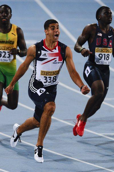 Adam Gemili of Great Britain wins his Men's 100 metres Final whereas Aaron Ernest (USA) is second, and Odean Skeen (JAM) has the third place on the day two of the 14th IAAF World Junior Championships in Barcelona  (Getty Images)