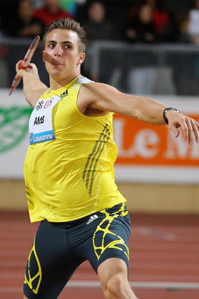 Sweden's Kim Amb wins the Javelin at the 2013 IAAF Diamond League meeting in Lausanne (Gladys Chai)