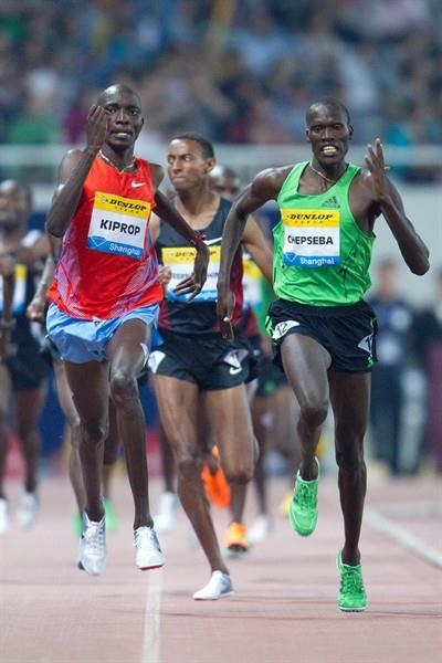 Nixon Kiplimo Chepseba (r) out-sprints Asbel Kiprop in Shanghai (Errol Anderson)