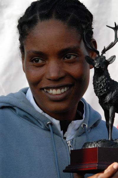 Dinkinesh Mekash after winning the Loch Ness Marathon (Running Across Borders)