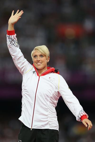 Christina Obergfoll on the podium at the 2012 Olympics, having won silver in the Javelin (Getty Images)