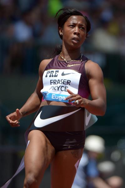 Shelly-Ann Fraser-Pryce after winning at the 2013 IAAF Diamond League in Eugene (Kirby Lee)