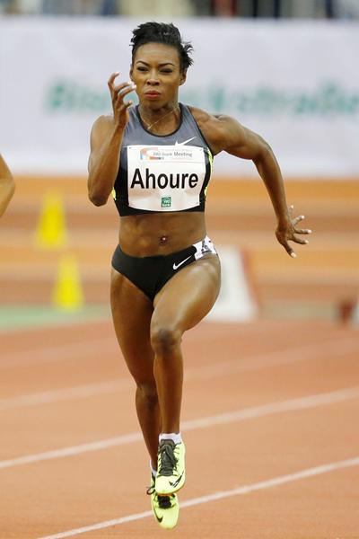 Murielle Ahoure on her way to winning the 60m in Dusseldorf (Gladys Chai)