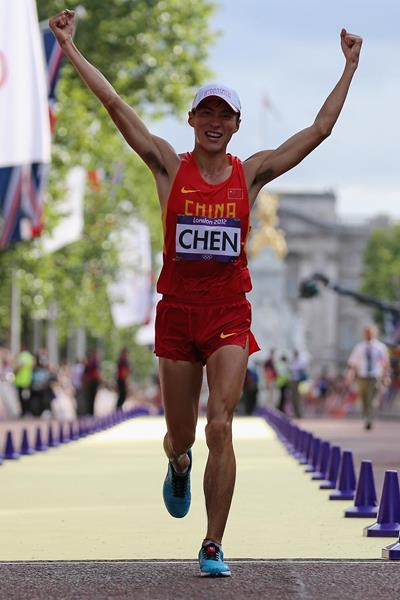 Ding Chen of China celebrates as he crosses the finish line to win a Gold Medal during the Race Walk Athletics on Day 8 of the London 2012 Olympic Games on 4 August 2012 (Getty Images)