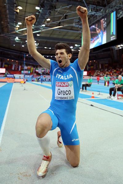 Daniele Greco of Italy celebrates his 17.70m victory in the Triple Jump at the European Indoor Championships (Getty Images)