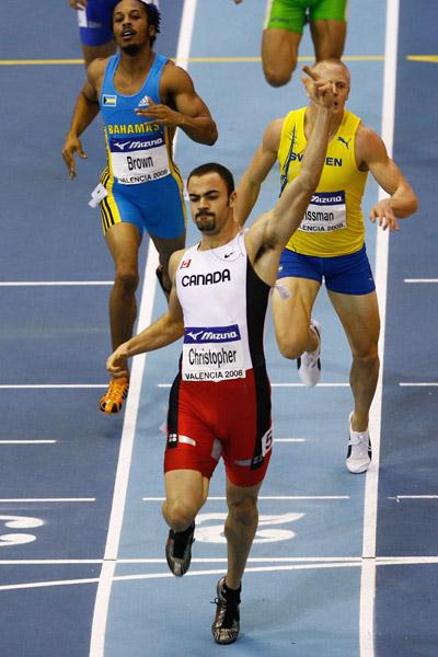 Tyler Christopher finishes ahead of Johan Wissman and Chris Brown in the men's 400m (Getty Images)