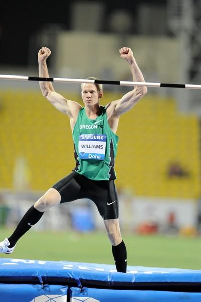 Jesse Williams after his 2.33m leap to seal the win in Doha (Jiro Mochizuki)