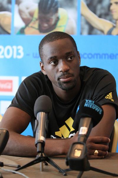Teddy Tamgho at the press conference ahead of the 2013 IAAF Diamond League final in Brussels (Jean-Pierre Durand)