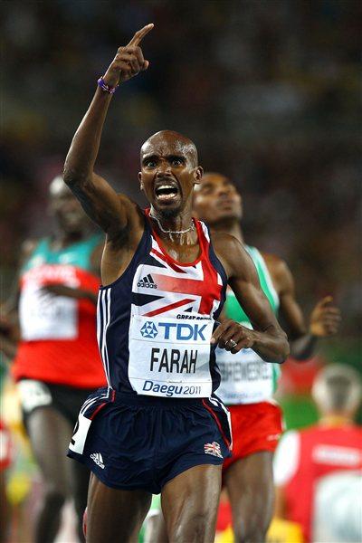 Mohamed Farah of Great Britain celebrates as he crosses the finish line to claim victory in the men's 5000 metres final (Getty Images)