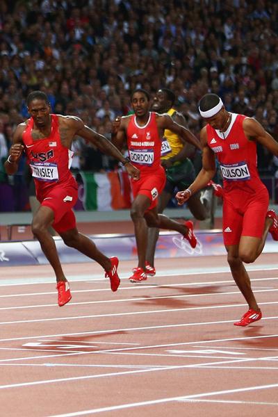 Michael Tinsley and Javier Culson make a dash for the line in the 400m Hurdles at the London 2012 Olympics (Getty Images)
