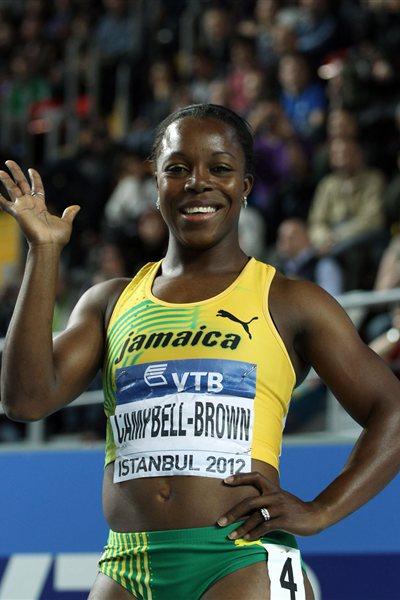 Veronica Campbell-Brown of Jamaica celebrates as she wins gold in the Women’s 60 Metres Final during day three - WIC Istanbul (Getty Images)