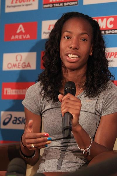 Brigetta Barrett at the press conference ahead of the IAAF Diamond League meeting in Paris (Jean-Pierre Durand)