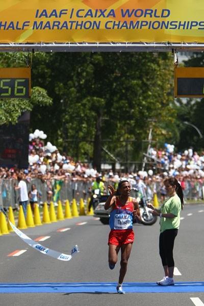 Zersenay Tadese crosses the line in 59:46 - almost two minutes ahead of the opposition (Getty Images)