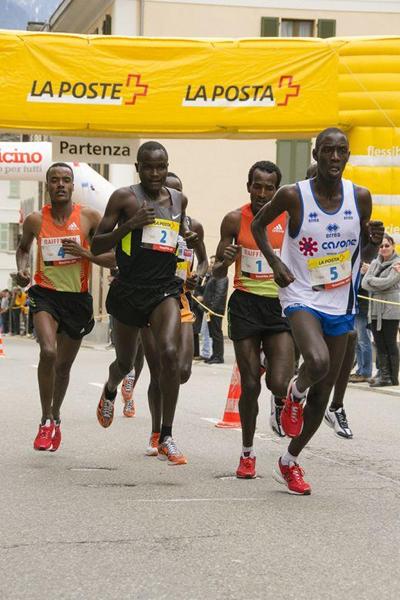 Kiprop Limo leading the 2013 Media Blenio 10km from Imane Merga and Thomas Longosiwa (Organisers - Daniela Salmina)