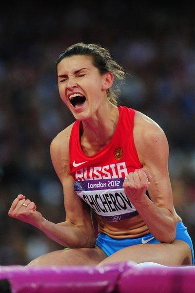 Anna Chicherova of Russia celebrates being gold medalist of the Women's High Jump Final of the London 2012 Olympic Games  on August 11, 2012 (Getty Images)
