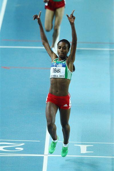 Genzebe Dibaba of Ethiopia celebrates as she crosses the line to win gold in the Women's 1500 Metres Final during day two - WIC Istanbul (Getty Images)