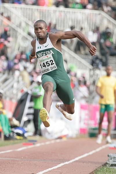 Nigeria’s Oke Tosin leaps 17.22m to take the African title in Nairobi (Mohammed Amin)