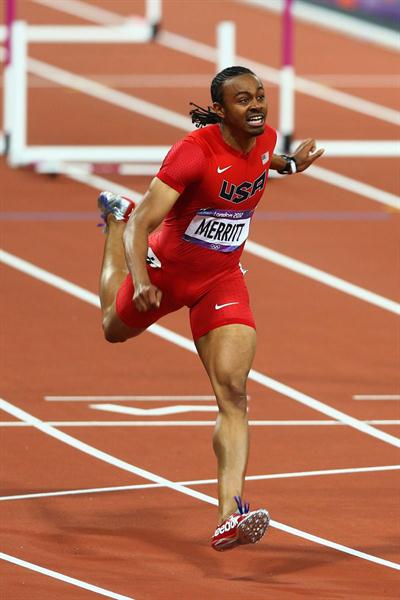 Aries Merritt of the United States crosses the finish line to win gold in the Men's 110m Hurdles Final on Day 12 of the London 2012 Olympic Games (Getty Images)