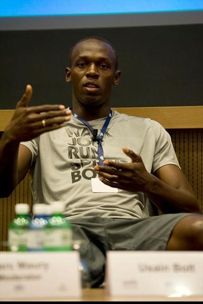 Back in familiar territory - Usain Bolt at the pre-meet press conference in Lausanne (Hans Sjogren)