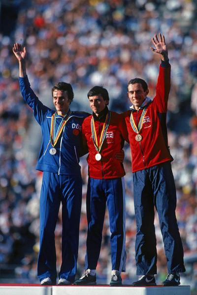 Jurgen Straub, Sebastian Coe and Steve Ovett on the 1500m podium at the 1980 Olympics (Getty Images)