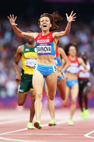  Gold Medal for Mariya Savinova of Russia as she crosses the finish line  in the Women's 800m Final of the London 2012 Olympic Games on 11 August 2012 (Getty Images)