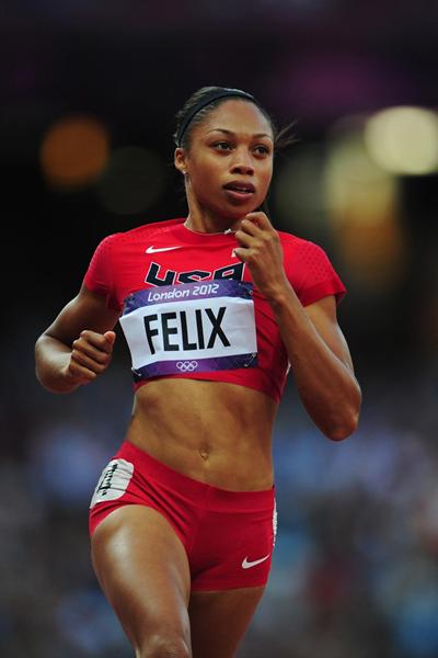 Allyson Felix of the United States competes in the 100m heats at the London 2012 Olympic Games (Getty Images)
