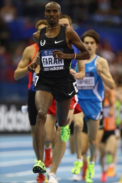 Mo Farah on his way to an assured victory in the 3000m in Birmingham (Getty Images)