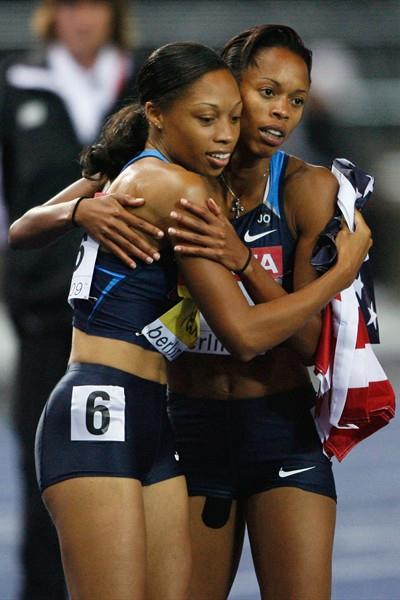 Allyson Felix of the United States is congratulated on winning the gold medal in the women's 200m by compatriot Muna Lee at the 12th IAAF World Championships in Berlin (Getty Images)
