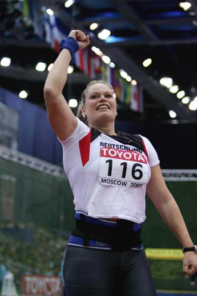 Nadine Kleinert of Germany celebrates her silver medal in the Shot Put final (Getty Images)