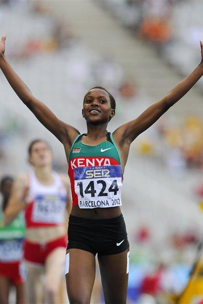 Faith Chepngetich Kipyegon of Kenya celebrates winning the Women's 1500 metres Final on day six of the 14th IAAF World Junior Championships in Barcelona on 15 July 2012 (Getty Images)
