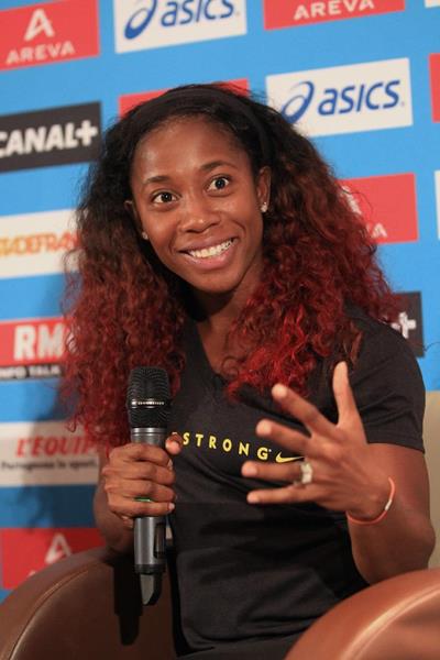 Shelly-Ann Fraser-Pryce at the pre-event press conference for the 2013 IAAF Diamond League meeting in Paris (Jean-Pierre Durand)