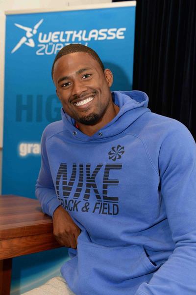 David Oliver at the pre-event press conference for the 2013 IAAF Diamond League meeting in Zurich (Jiro Mochizuki)
