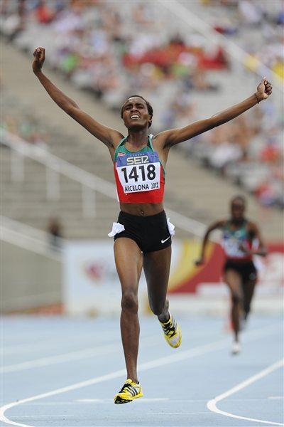 Daisy Jepkemei of Kenya wins the gold medal on the Women's 3000 metre Steepechase Final on the day three of the 14th IAAF World Junior Championships in Barcelona on 12 July 2102 (Getty Images)