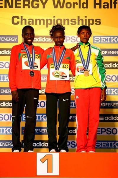 The women's medallists in the IAAF/EDF Energy World Half Marathon Championships in Birmingham (L-R) Philes Ongori (silver), Mary Keitany (gold) and Aberu (Kebede) (Getty Images)
