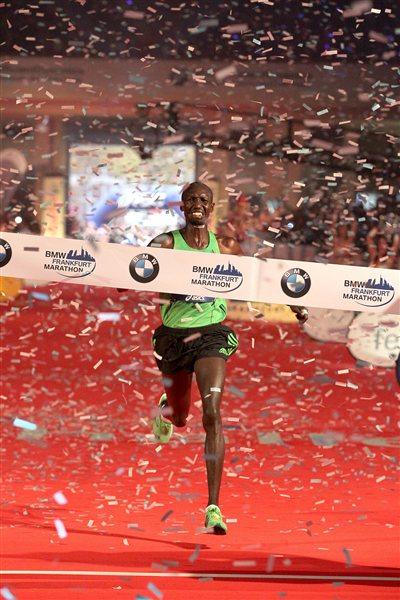So close! Wilson Kipsang reaches the Frankfurt finish line in 2:03:42, just four seconds shy of the World record (Victah Sailer)