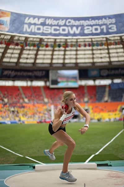 Brianna Theisen Eaton in the womens Heptathlon Shot Put at the IAAF World Championships Moscow 2013 (Getty Images)
