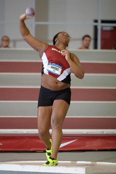 Tia Brooks unleashes a throw of 19.22m to win the women's Shot at the NCAA Indoor Championships (Kirby Lee)