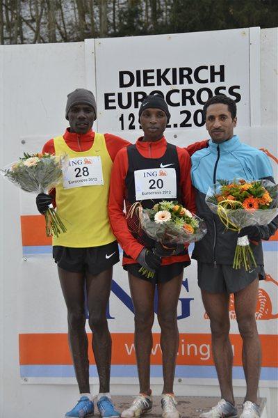 Men's podium at 2012 ING Eurocross meeting in Diekirch: runner-up Albert Rop, winner Japheth Korir and Tasama Dame (Rosch Kohl)