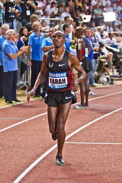 Mo Farah after winning the 5000m at the 2011 Monaco Diamond League (Philippe Fitte)