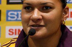 Valerie Adams at the pre-competition press conference in Split (Bob Ramsak)