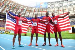 Silmon, Rodgers, Salaam and Gatlin in the mens 4x100m Relay at the IAAF World Athletics Championships Moscow 2013 (Getty Images)