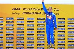 Matej Toth celebrates winning gold on the World Race Walking Cup podium in Chihuahua (Getty Images)