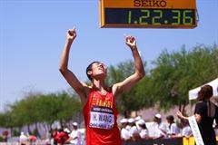 Hao Wang of China celebrates winning the men's 20km race in Chihuahua (Getty Images)