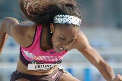 Brianna Rollins speeds to a windy 12.33 at the 2013 US Championships (Kirby Lee)