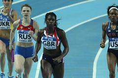Christine Ohuruogu of Great Britain prepares to hand the baton to Perri Shakes-Drayton in the Women’s 4x400 Metres Final during day three - WIC Istanbul (Getty Images)