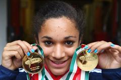 Jodie Williams of Great Britain poses with her two sprint gold medals (Getty Images)