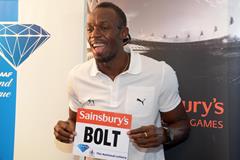 Usain Bolt at the pre-event press conference for the 2013 IAAF Diamond League meeting in London (Kirby Lee)
