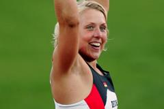 Christina Obergfoll of Germany celebrates winning a surprise silver in the Javelin at the 2005 World Championships (Getty Images)