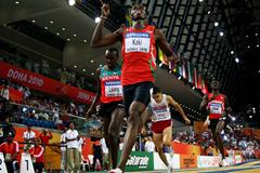 Abubaker Kaki of Sudan wins a near gun to tape victory in the men's 800m to retain his World Indoor title (Getty Images)