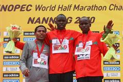 The men's podium in Nanning - silver medallist Zersenay Tadese (ERI), winner Wilson Kiprop (KEN) and bronze medallist Sammy Kitwara (KEN) (Getty Images)